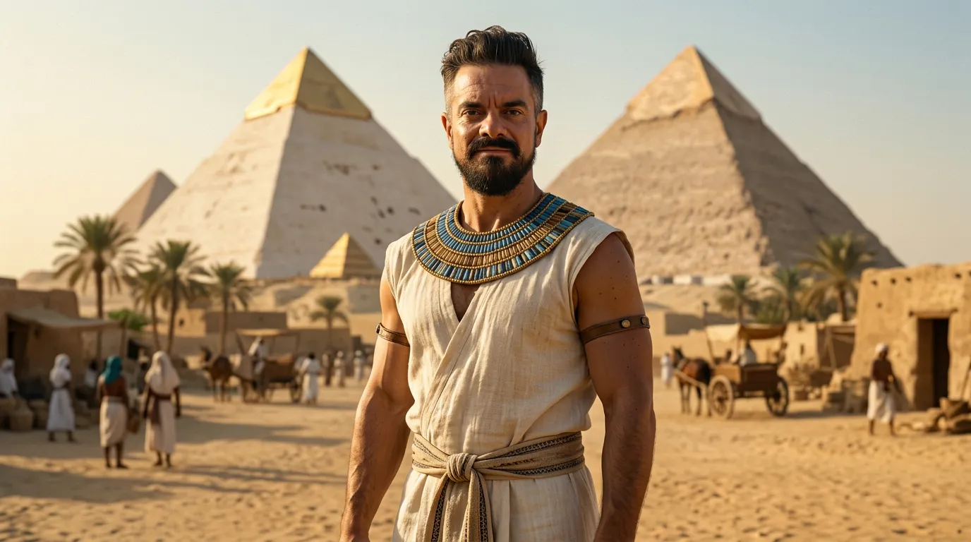JJ Priego en el antiguo Egipto, frente a las pirámides
