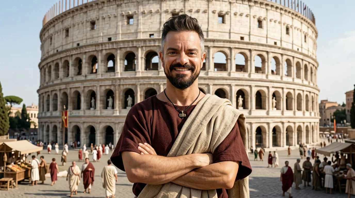 JJ Priego en la antigua Roma, frente al Coliseo
